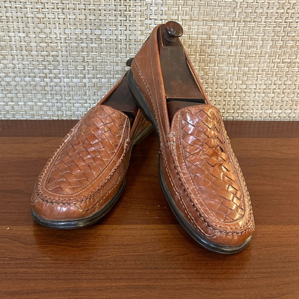 🌟2xHP🌟Johnson & Murphy Cognac Tan Leather Tidwell Woven Loafers 9M Brazil